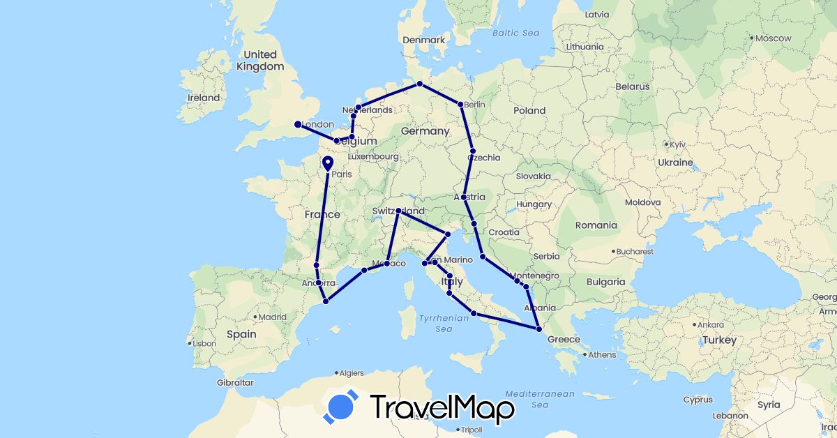 TravelMap itinerary: driving in Andorra, Austria, Belgium, Switzerland, Czech Republic, Germany, Spain, France, United Kingdom, Greece, Croatia, Italy, Montenegro, Netherlands, Slovenia, Vatican City (Europe)