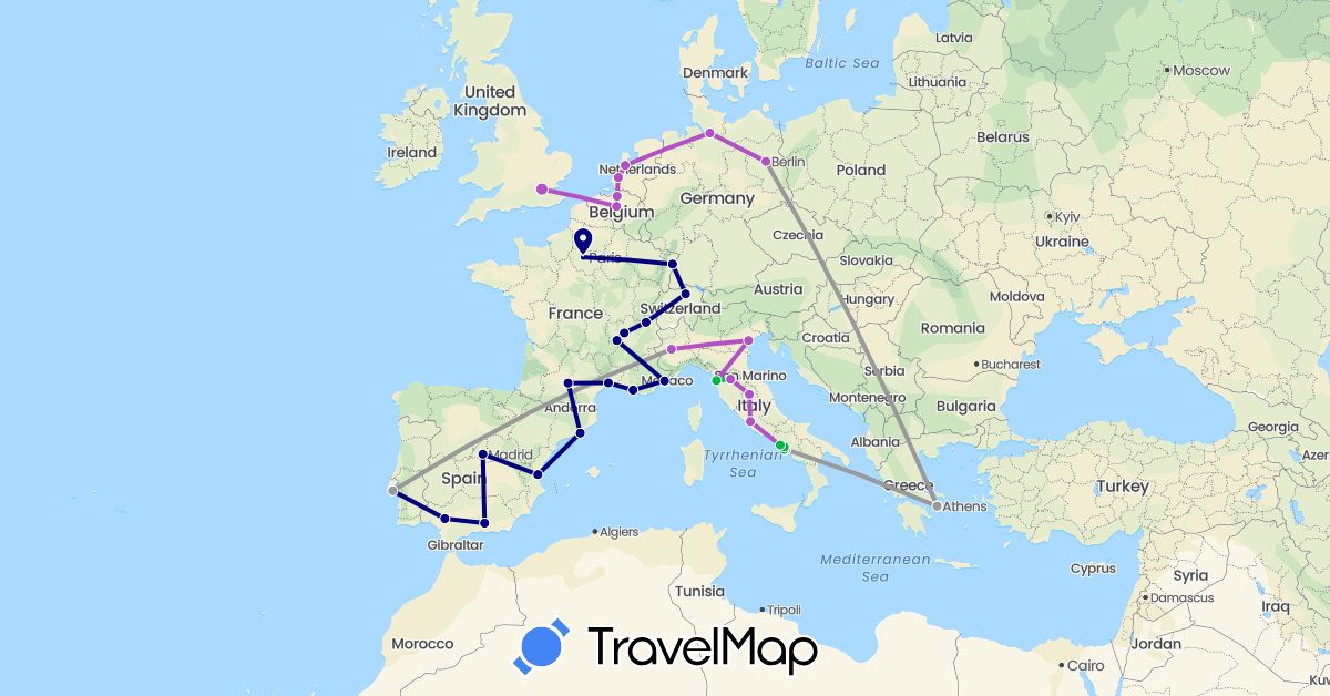 TravelMap itinerary: driving, bus, plane, train in Belgium, Switzerland, Germany, Spain, France, United Kingdom, Greece, Italy, Netherlands, Portugal, Vatican City (Europe)